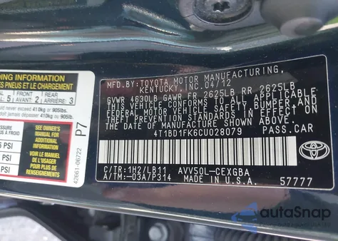 2012 Toyota Camry Hybrid Xle из США, поврежденный, VIN 4T1BD1FK6CU028079